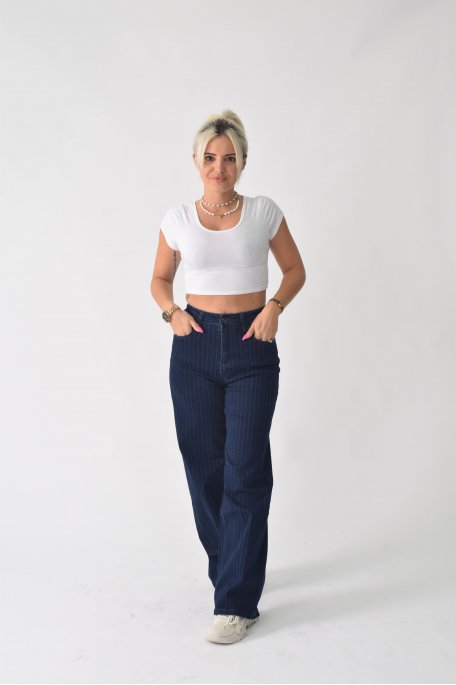 Jeans mit hohem Bund breit gestreift blau