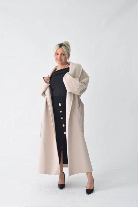 Manteau long col classique ceinturé beige