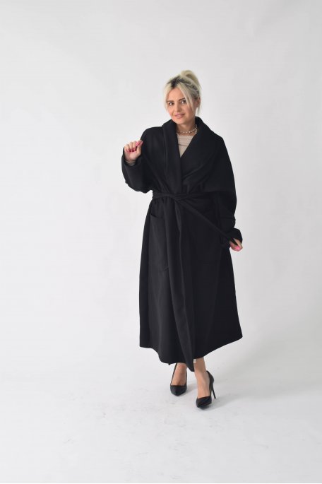 Manteau long col classique ceinturé NOIR