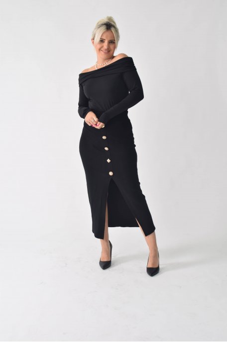 Jupe en laine boutonnée taille haute noir