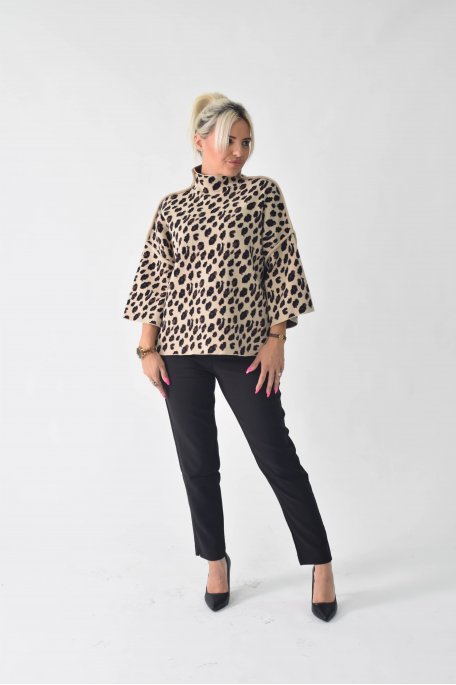 Leopardenpullover mit Stehkragen