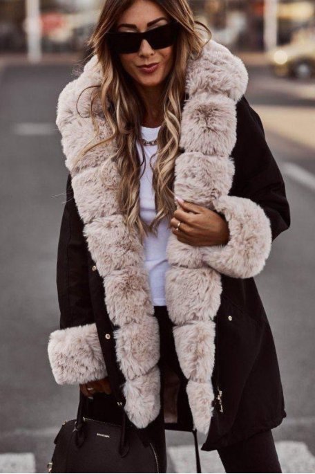 Parka longue fausse fourrure beige et noir