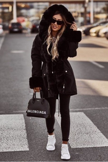 copy of Faux fur parka with hood and black sleeves