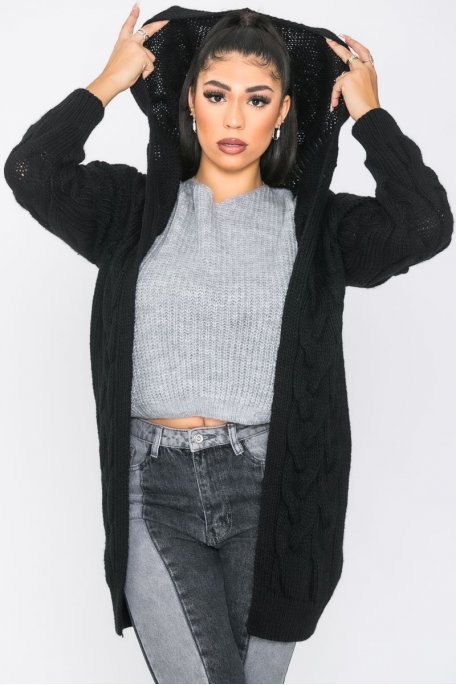 copy of Long cable-knit hooded cardigan, black