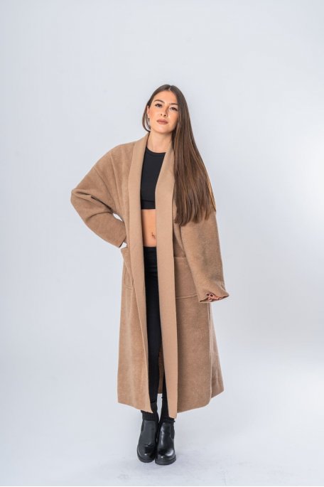 copy of Soft camel textured long open jacket