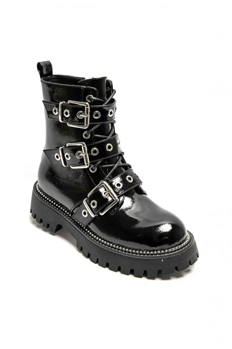 Rock-style black patent zipped boots