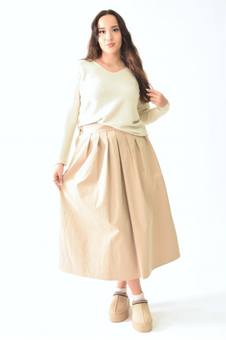 Beige long pleated high-waisted flared skirt