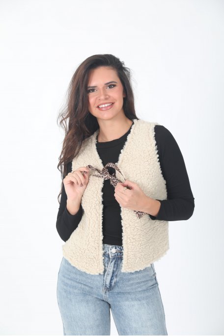 copy of Sleeveless black plush cardigan with leopard bow