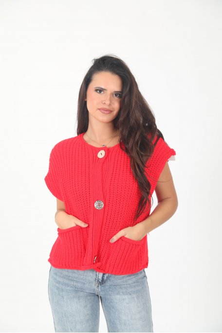 Sleeveless red vest with gold buttons