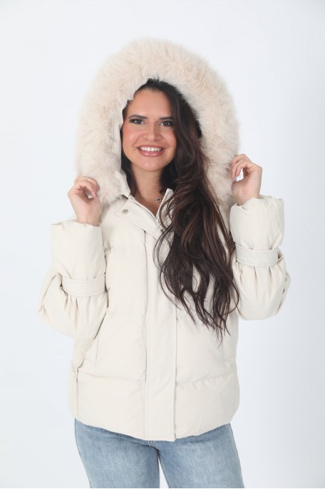 Beige fur hooded down jacket