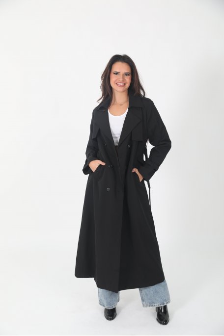 Trench-coat noir classique avec ceinture amovible