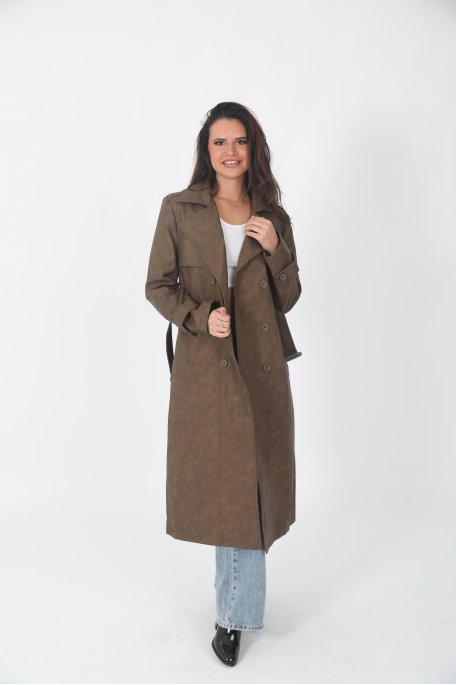 Choco suede trench coat with double button fastening