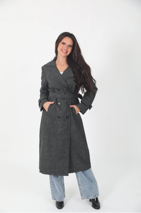 Trench en daim noir avec double boutonnage