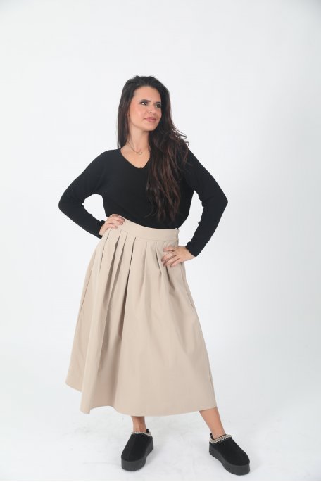 Beige long pleated high-waisted flared skirt