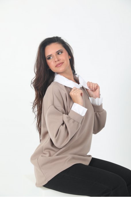 Sweat oversize taupe avec col chemise