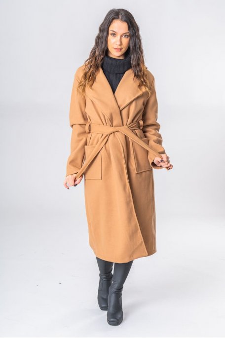 Manteau long col classique ceinturé camel