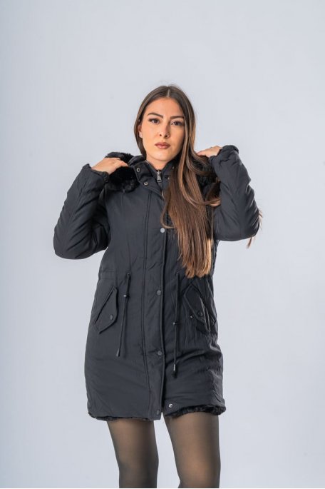 Parka à capuche fausse fourrure réversible noir - vue face