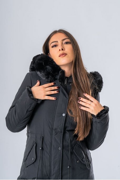 Parka à capuche fausse fourrure réversible noir - vue détails