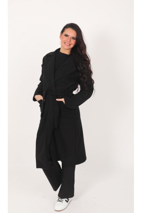 Manteau long col classique ceinturé noir