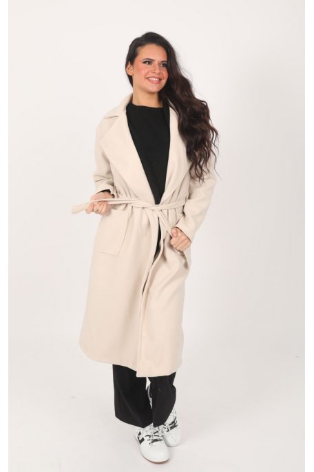 Manteau long col classique ceinturé beige