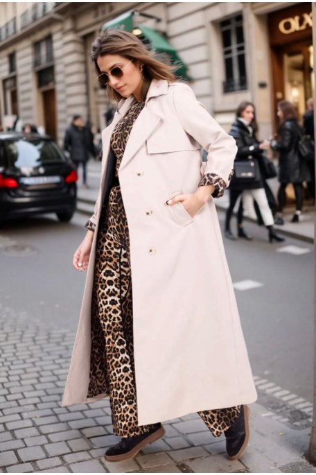 Beige trench coat with leopard details