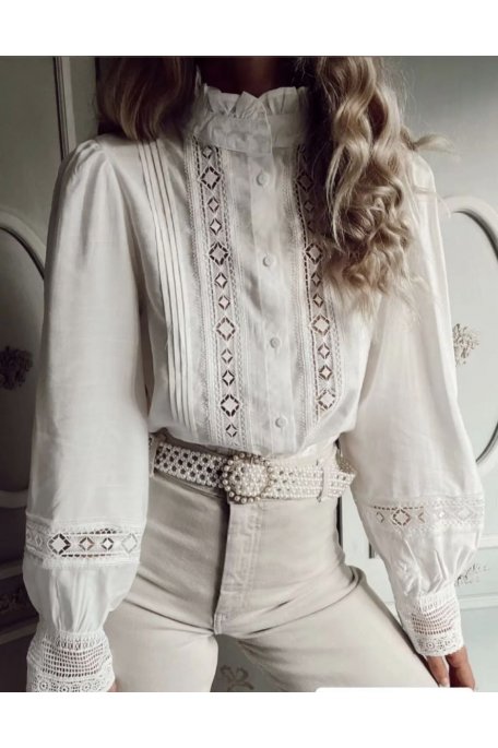 copy of Lace blouse with high collar, white