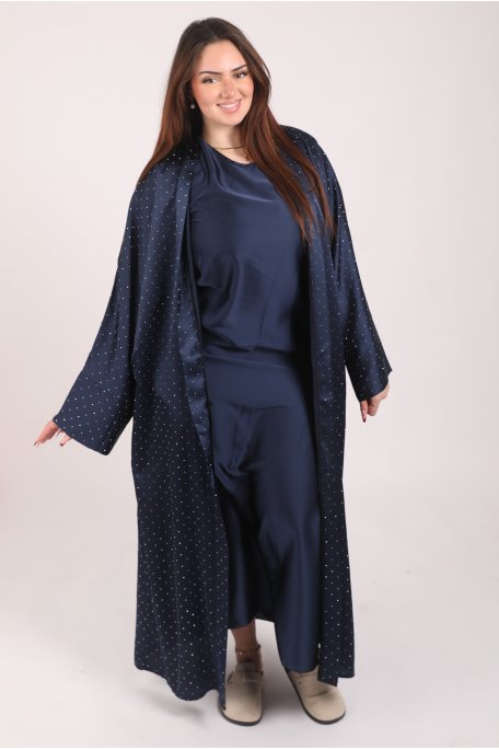 Ensemble satiné: gilet strass et robe bleue