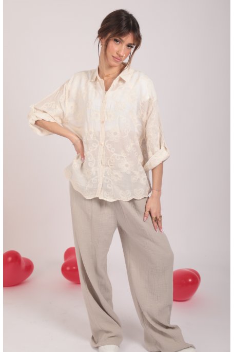 Beige embroidered tranparent shirt