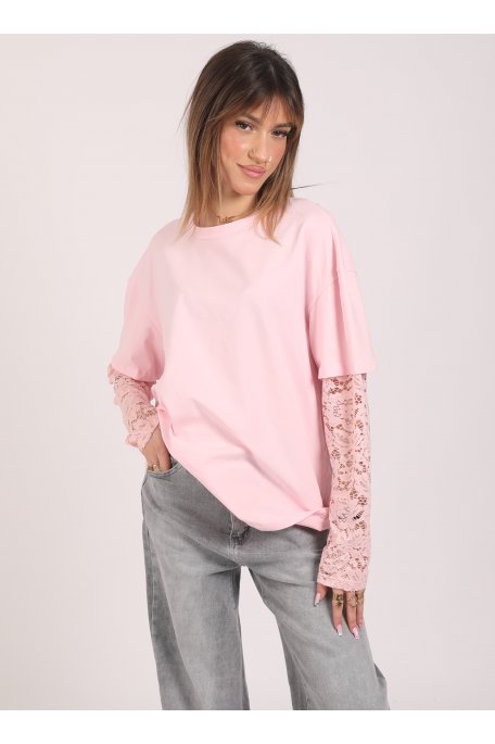 Tee-shirt manches en dentelle rose