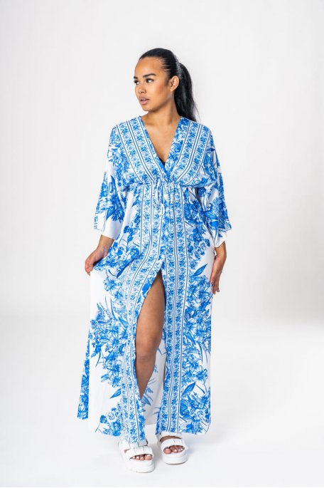 Robe longue boutonnée motif fleuri bleu