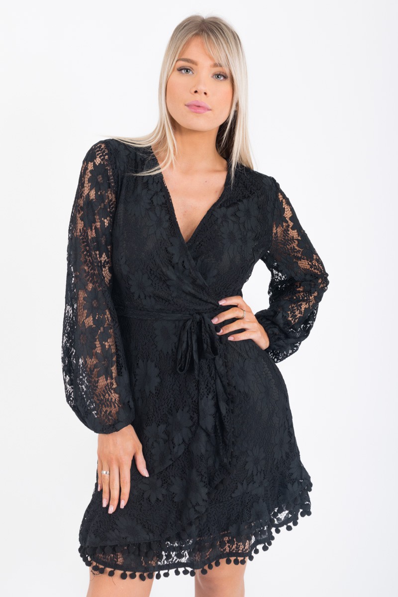 Robe dentelle portefeuille noire - Cinelle Paris