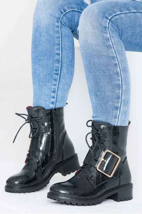 Bottines Effet Croco Sangle Noires Cinelle Paris Mode Femme Tendance