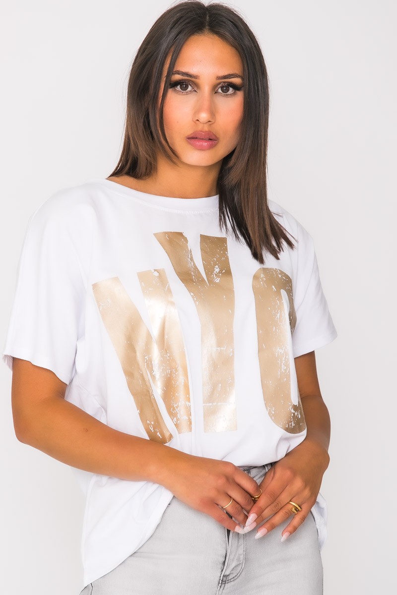 Tshirt blanc basique imprimé doré Cinelle Paris, mode femme tendance