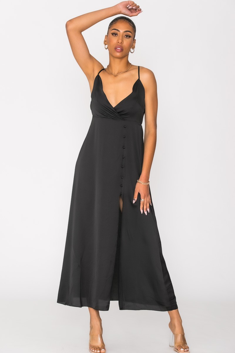 Robe Noire Longue Satin E Fendue Cinelle Paris Mode Femme Tendance