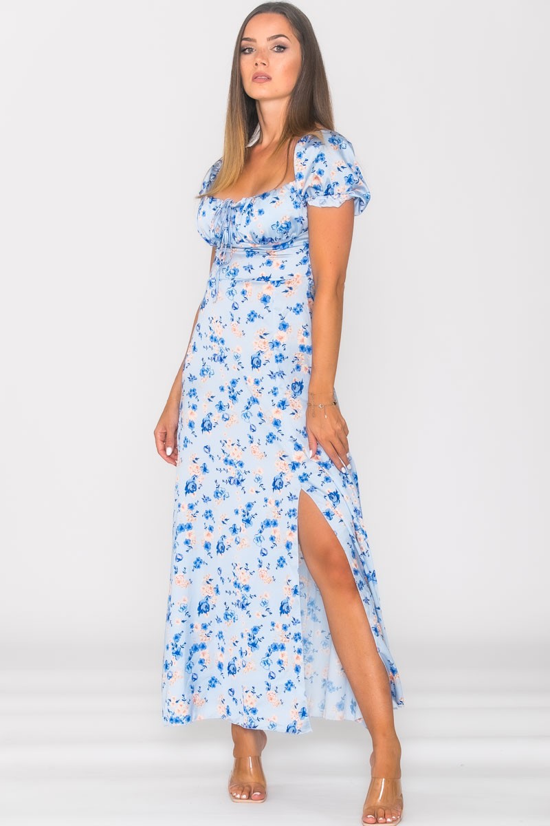 Robe Longue Bleue Fleurie Manches Courtes - Cinelle Paris, Mode Femme 