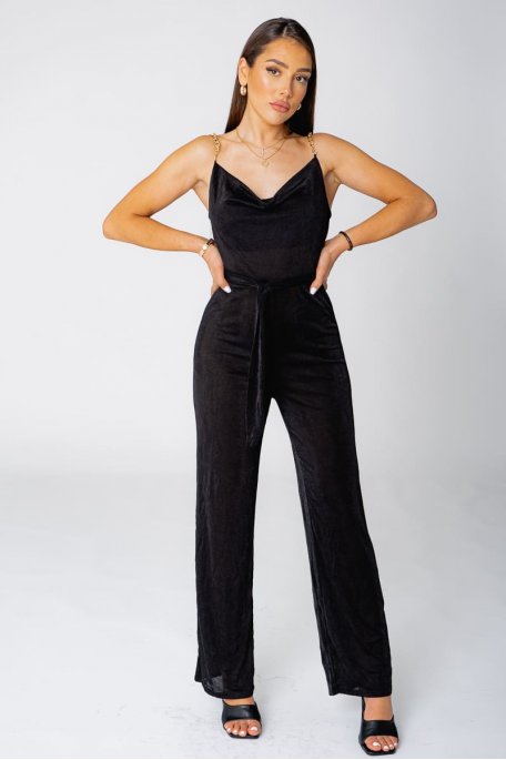 Gold chain jumpsuit with black cowl neck